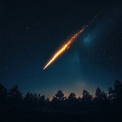 Dramatic meteor shower over dark forest landscape with starry night sky and celestial event creating a magical atmosphere