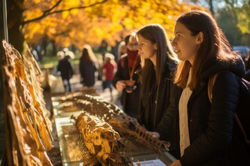 group students looking at an open-air archaeological site display