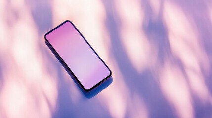 Minimalist Smartphone with Vibrant Screen Display on a Soft Surface in Subtle Pink and Purple Background
