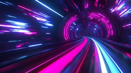 A futuristic high-speed train tunnel with motion blur, vibrant light trails, and illuminated walls. Dynamic 8K scene showcasing modern technology and speed.