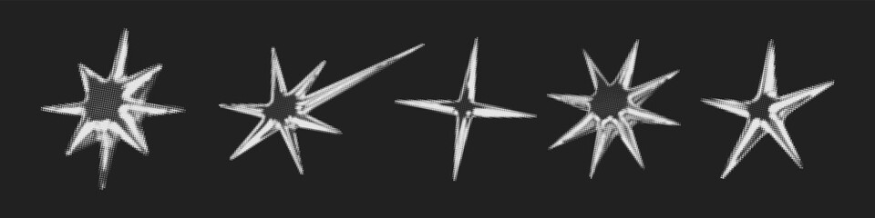 Y2k 3d chrome halftone stars shape retro abstract elements vector illustration set. Chrome silver 3d metallic halftone semitone retro effect collection. Y2k space various star retro futuristic shapes. © Konstantin