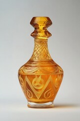 Ornate amber glass decanter on plain background
