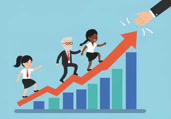 Team progress climbing success: diverse colleagues ascending a growth chart towards opportunity