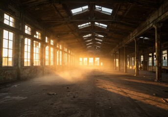 Naklejka premium Abandoned warehouse interior with sunlight streaming through broken windows at sunset