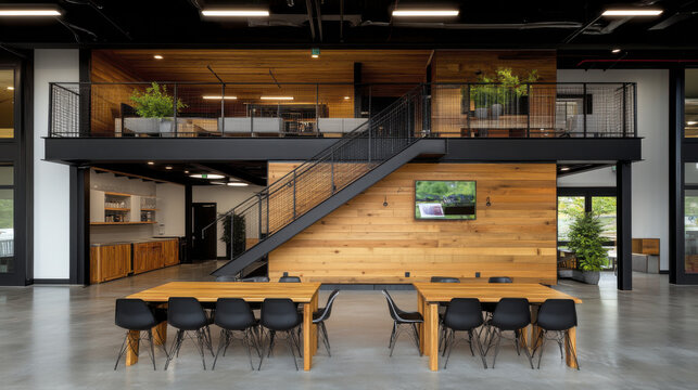 Modern office interior with wooden accents, open space, and stylish furniture