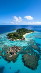 A stunning aerial view of a tropical island surrounded by crystal clear turquoise waters and vibrant coral reefs. A paradisiacal escape awaits you. Generative AI
