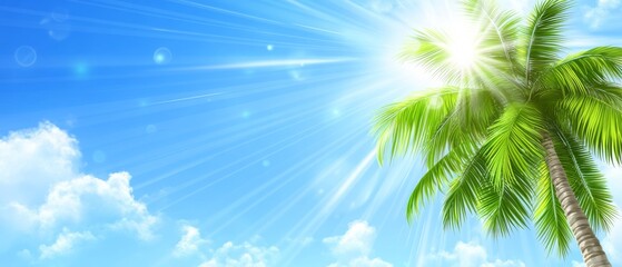 A palm tree is in the foreground of a blue sky