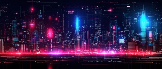 Futuristic city skyline with neon lights and digital effects