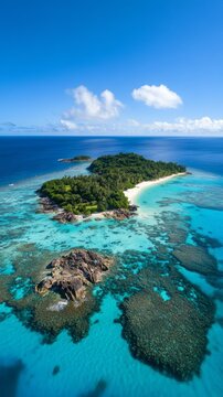 A stunning aerial view of a tropical island surrounded by crystal clear turquoise waters and vibrant coral reefs. A paradisiacal escape awaits you. Generative AI