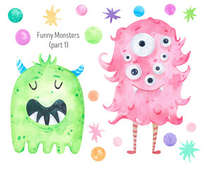 Watercolor set funny monsters illustrations. Colorful halloween characters, colorful aliens. For design invitations and greating cards
