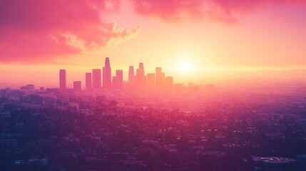 the skyline of los angeles during sunset