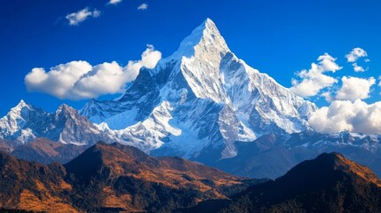 Fototapeta premium Majestic snow-capped mountain peak against clear blue sky and cotton clouds