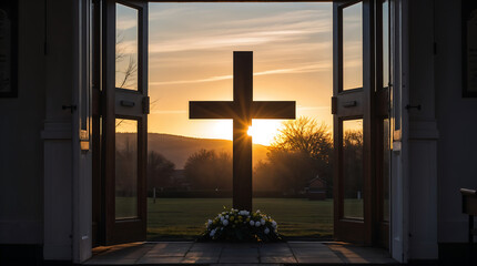 Naklejka premium Easterserene sunrise illuminates cross framed by open church doors, symbolizing hope and faith