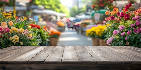 Empty wooden table top with a blurred background of a flower market on a sunny day, for product display montage, digital backdrop, stock photo, photography, sunlight, and bokeh. white background