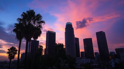 the skyline of los angeles during sunset