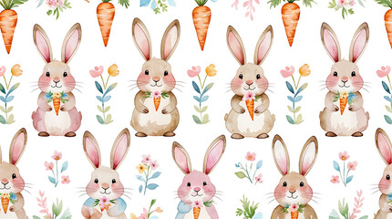 Obraz premium EasterCute watercolor Easter bunny design with carrot pattern and pastel flowers