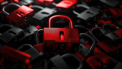 Red lock in a pile of black locks, security breach concept