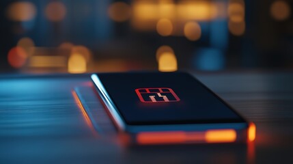 Close-up of a smartphone displaying low battery icon on screen, placed on wooden table. Concept of energy depletion, technology dependency, and need for recharging in daily life.