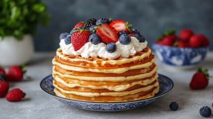Delicious stack of pancakes with fresh berries and whipped cream on a plate