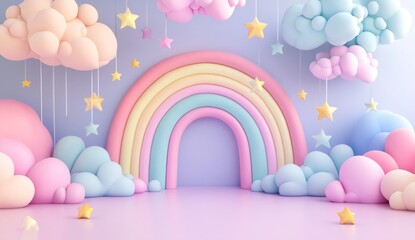 Pastel rainbow backdrop, clouds, stars, studio, product display