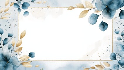 Blue gold floral frame watercolor background invite