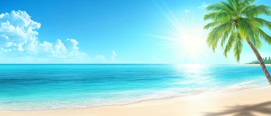 Fototapeta premium A beautiful beach scene with a palm tree in the foreground