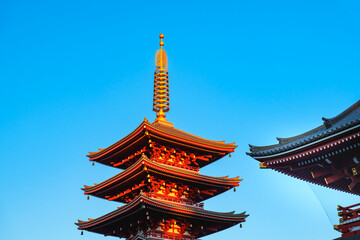 Japan beauty: five storied pagoda under blue sky and sunlight