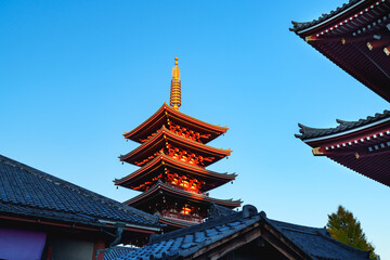 Japan beauty: five storied pagoda under blue sky and sunlight