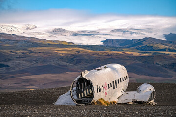 The DC-3 Plane Wreck on Sólheimasandur Black Sand Beach at south coast of Iceland.