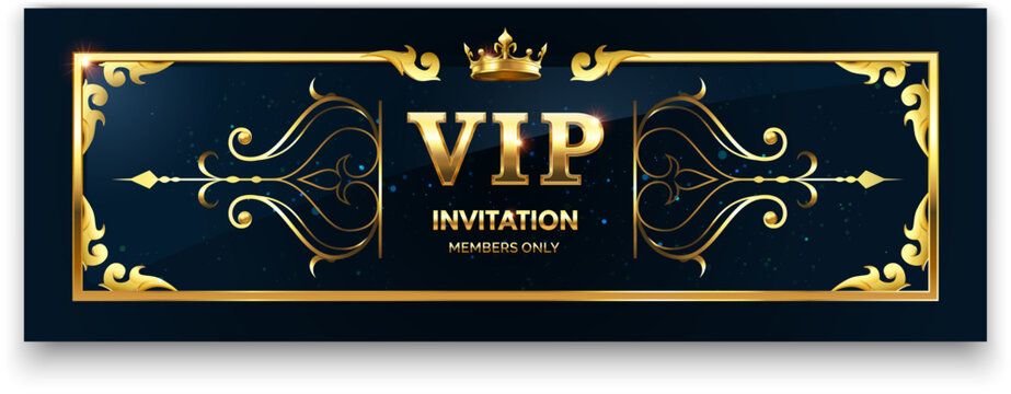 Elegant golden frame with crown and floral ornaments on dark blue background announcing a VIP invitation for members only, perfect for luxury events and exclusive parties