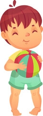 Barefoot child with short brown hair, wearing a yellow t shirt and teal shorts, holding a colorful beach ball and smiling with closed eyes, enjoying summer vacation