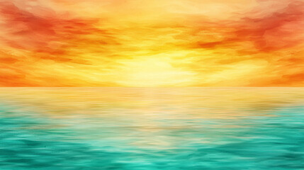 Naklejka premium vibrant sunset over tranquil ocean, featuring warm orange and yellow hues blending into cool turquoise waters, creating serene and peaceful atmosphere