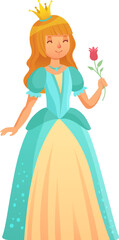 Beautiful princess with closed eyes and long blonde hair holding a red rose, wearing a turquoise and gold elegant dress and a gold crown, in a colorful cartoon style