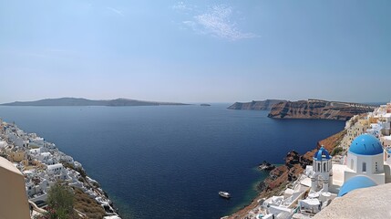 Fototapeta premium A panoramic view of Santorini, Greece, with white buildings and blue domes overlooking the sea, a clear sky, and a Greek island background