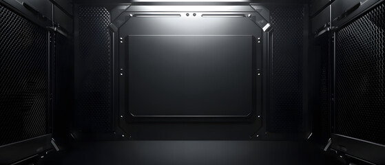 Obraz premium Dark, sleek, metallic room interior with a central blank panel, ideal for futuristic or technological designs.