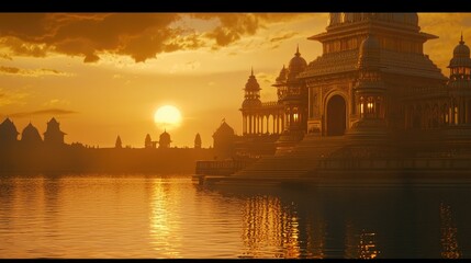 Naklejka premium Serene Sunset Over Majestic Temple by Tranquil Lake Reflection