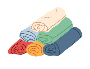 Rolled up chlothes on white background. T-shirt staсk in different colors, including yellows, red, blue, navi, green, and beige. Flat graphic vector illustration.