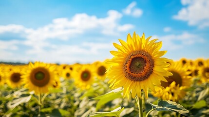 Fototapeta premium Blooming Sunflower Field Under Blue Sky a Vibrant Summer Landscape