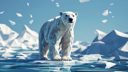 Low-poly polar bear standing on melting ice floe.