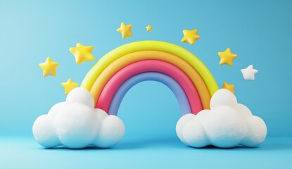 Colorful rainbow, stars, clouds, blue background, children's illustration