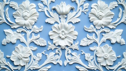 White floral plaster moldings on blue wall, interior design texture