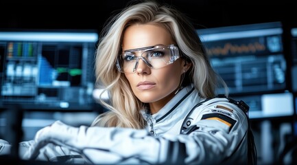 determined scientist with blonde hair wearing sleek safety goggles focuses on complex data displayed on multiple screens in a futuristic lab setting, showcasing innovative technology