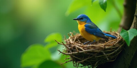 Obraz premium A Vibrant Blue and Yellow Bird Perched on a Nest Woven from Twigs in Lush Green Foliage