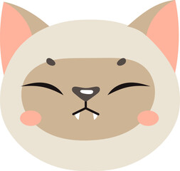 Adorable cartoon style cat face with prominent fangs and rosy cheeks, featuring a playful expression. The simplistic design highlights the charming and whimsical nature of the character