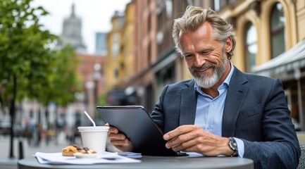 mature businessman with a beard smiles while using a tablet at a cafe table, accompanied by a cup of coffee and some cookies. Colorful city architecture adds charm to the backdrop