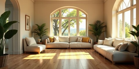 Fototapeta premium Sunlit Living Room with Elegant Neutral Furnishings and Lush Greenery