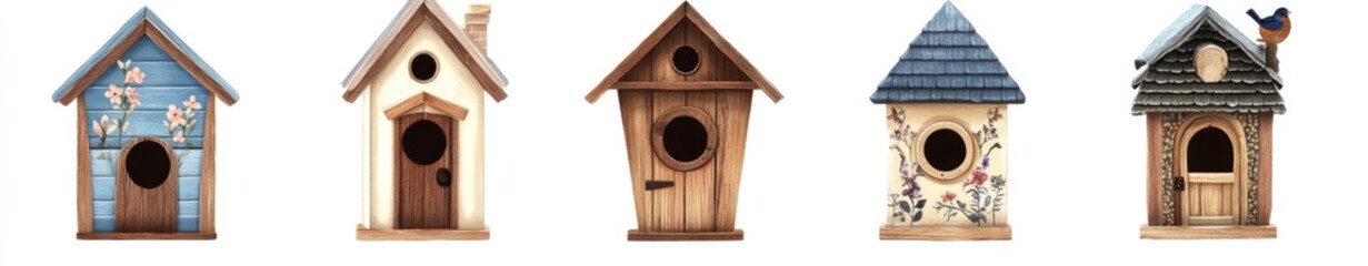 Five colorful birdhouses, isolated, white background, garden decor