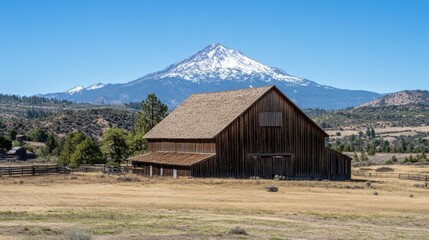 Old Barn in Yreka, California with Majestic Mount Shasta in the Background on a Clear Day, Rustic Farm Landscape with Snow-Capped Mountains