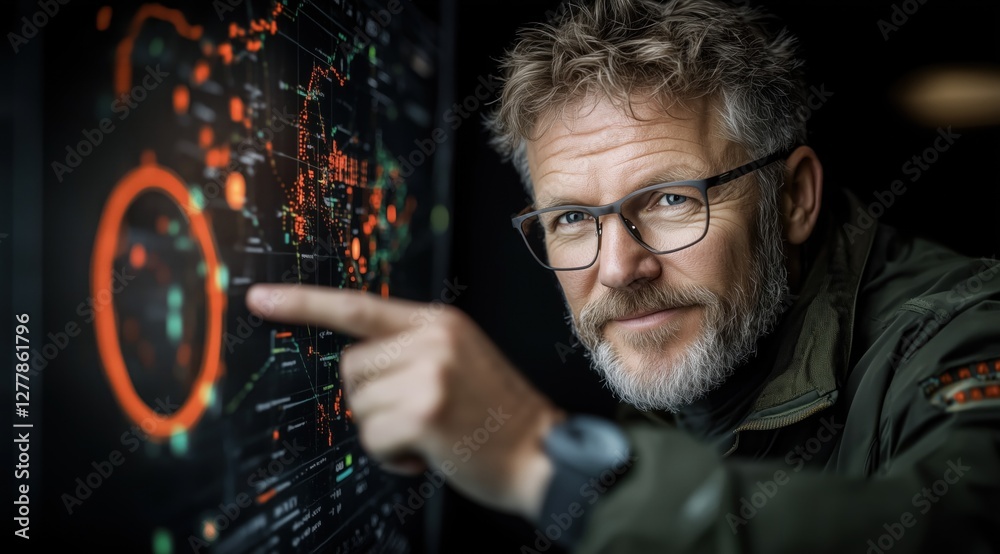 Poster knowledgeable individual examines intricate data visualizations on a digital display. workspace is i