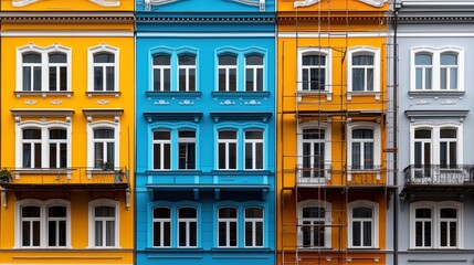 Obraz premium Vibrant apartment buildings with distinctive colors like yellow, blue, and gray are showcased. setting is urban, and the structures display unique architectural styles and window designs